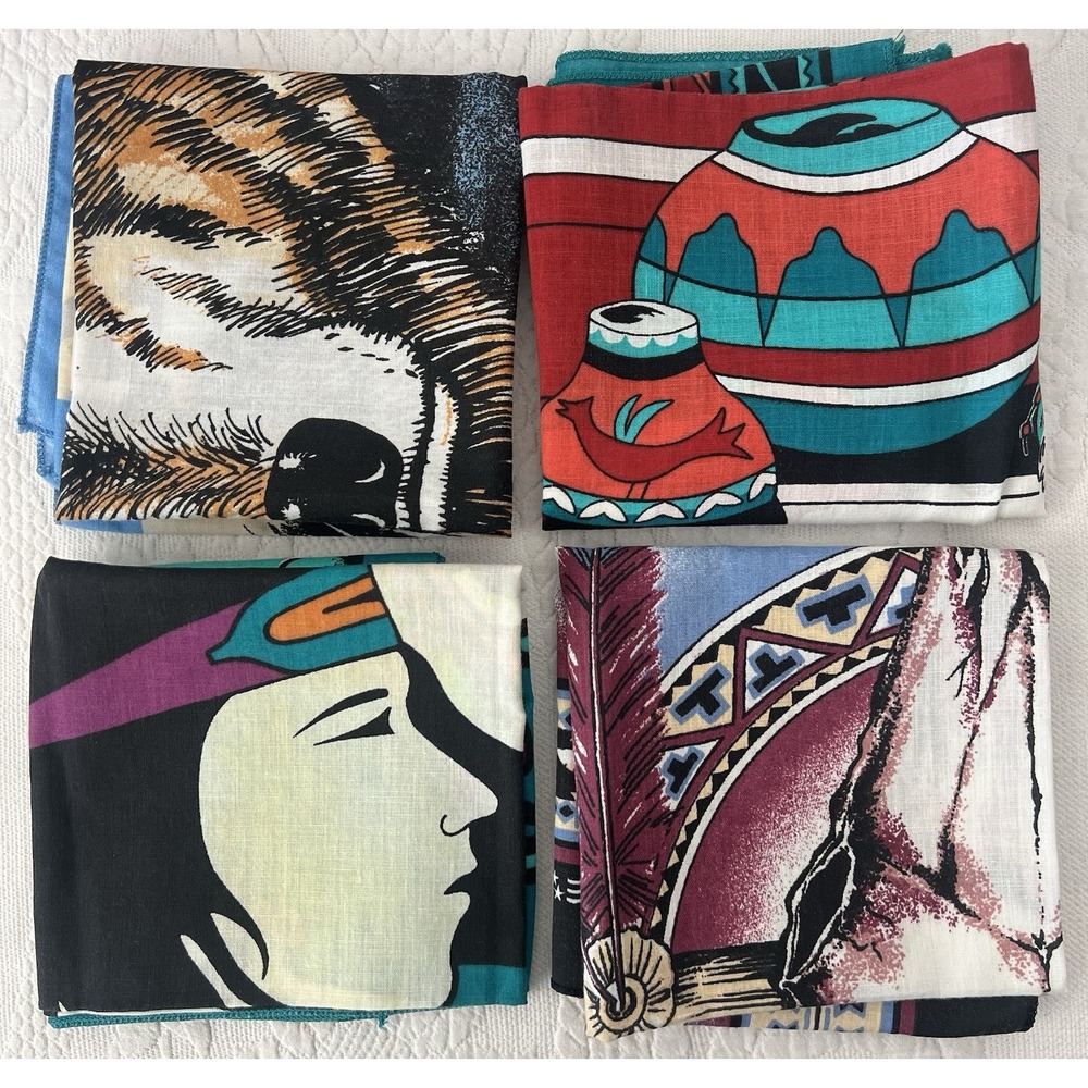 Lot 4 1980's Colorful Southwestern Bandana Wolf Feathers Horizon Native American